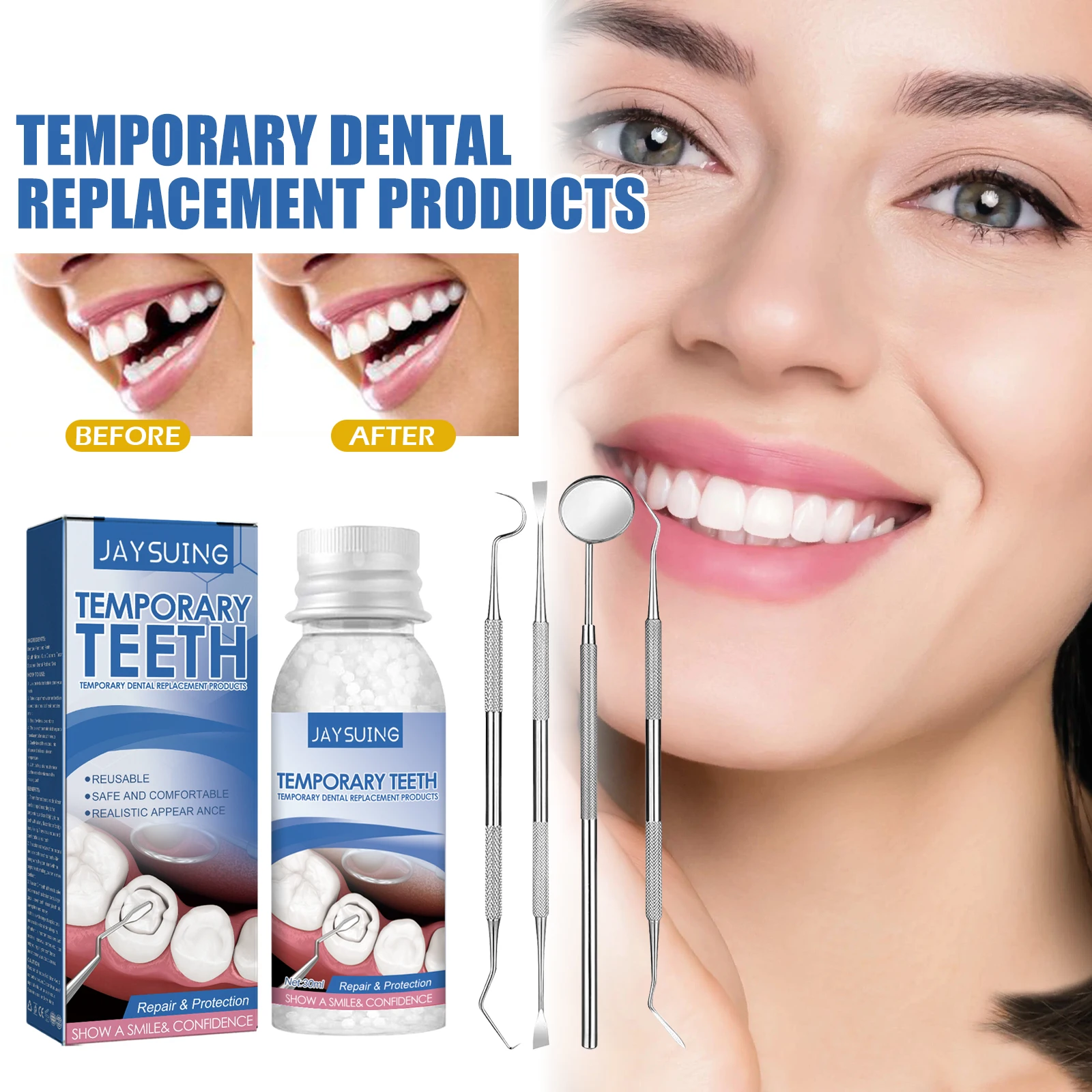 Il kit di riparazione temporaneo per la cavità del riempimento dei denti include specchio per la bocca, detergente per le gengive, raschietto per tartaro, sonda dentale per lo spazio dei denti mancante