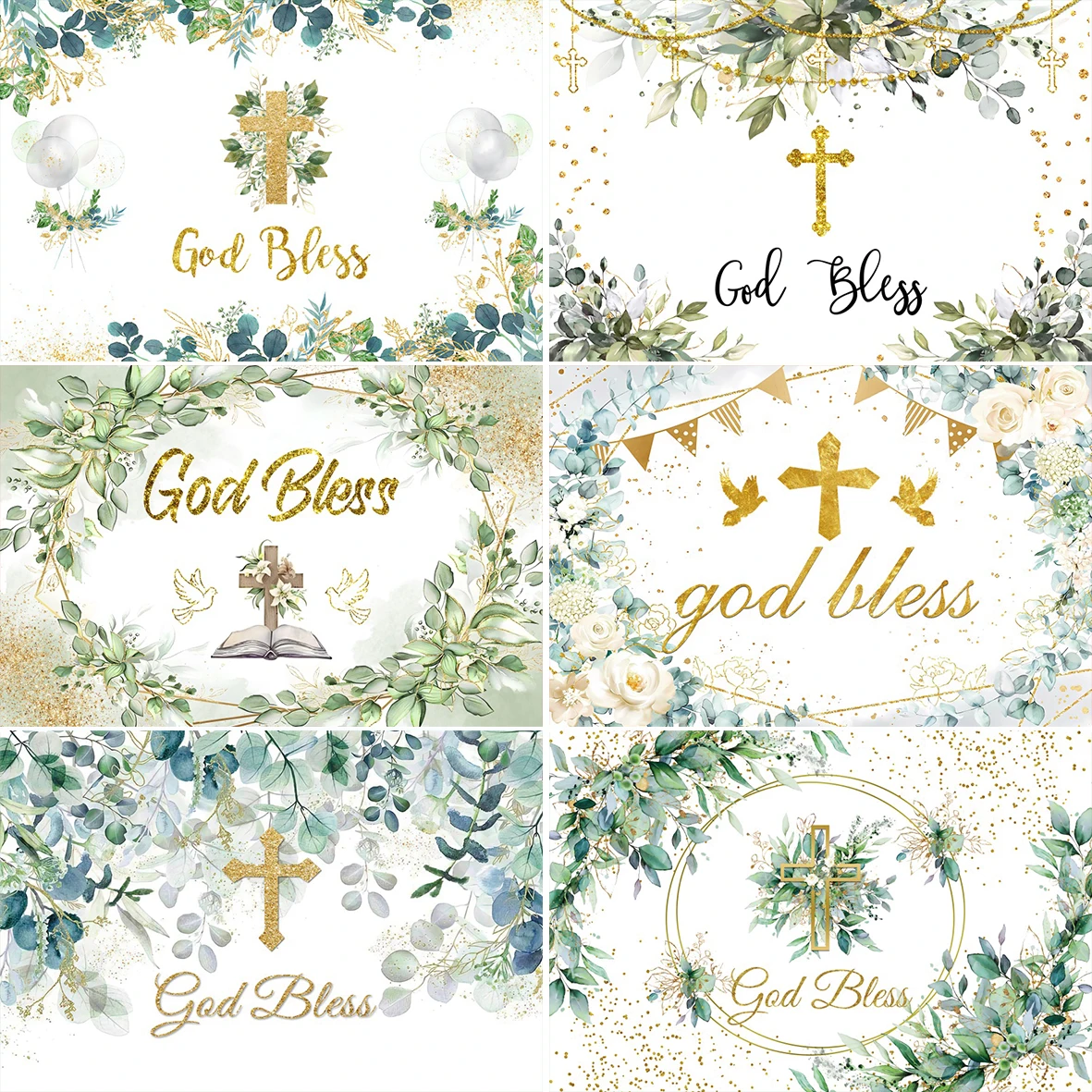 God Bless Baptism Photography Background Golden Cross Green Leaves Kids Baptism Party First Holy Communion Photo Backdrop Banner