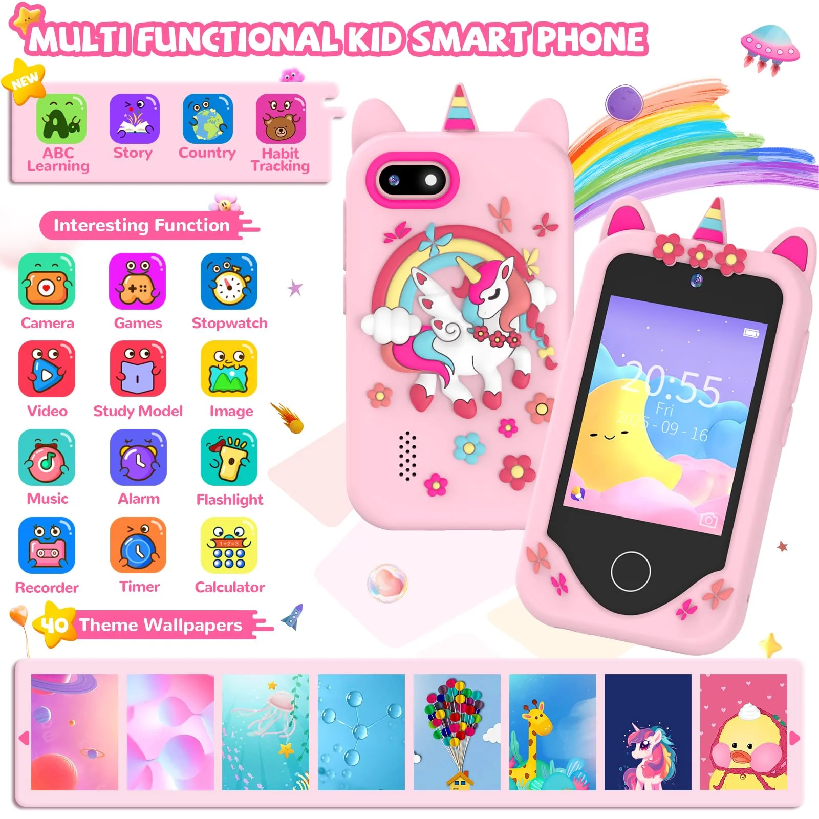 2.8Inch Kids Toy Phone 1080P Dual Camera Educational Games Habit Training Toy Learning Phone MP3 Player Birthday Christmas Gift