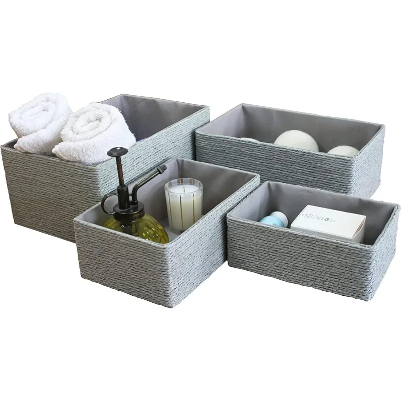 Storage Baskets Set 4 - Stackable Woven Basket Paper Rope Bin, Storage Boxes for Makeup Closet Bathroom Bedroom (Gray)