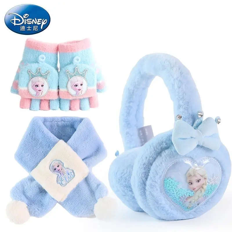 Cartoon Disney Princess Elsa Folding Earmuffs Gloves Scarf Warm Three-piece Set Girls Coldproof Student Children's Neck Cover