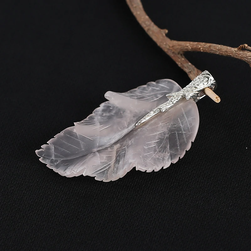 925 Sterling Silver Pendant Natural Stone Rose Quartz Handcarved Leaf Pendant Bead Necklace  Accessories 59x32x7mm 11.2g