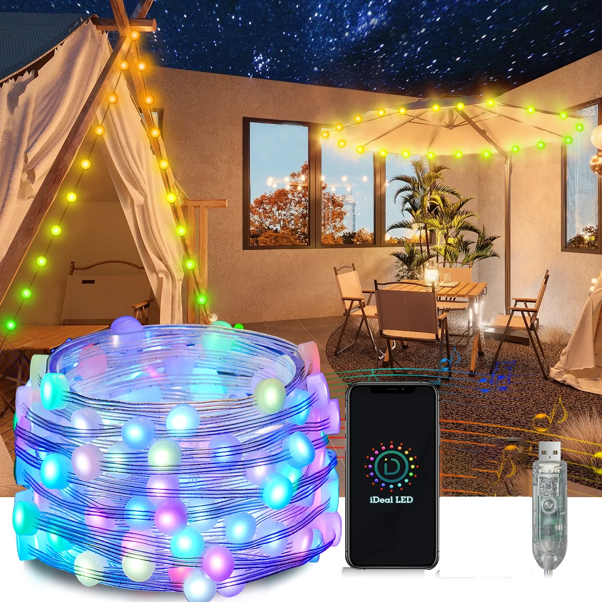 

Smart Round String LED RGB Color Changing APP Control Music Sync Twinkle Fairy Lights for Christmas Party Outdoor Home Decor