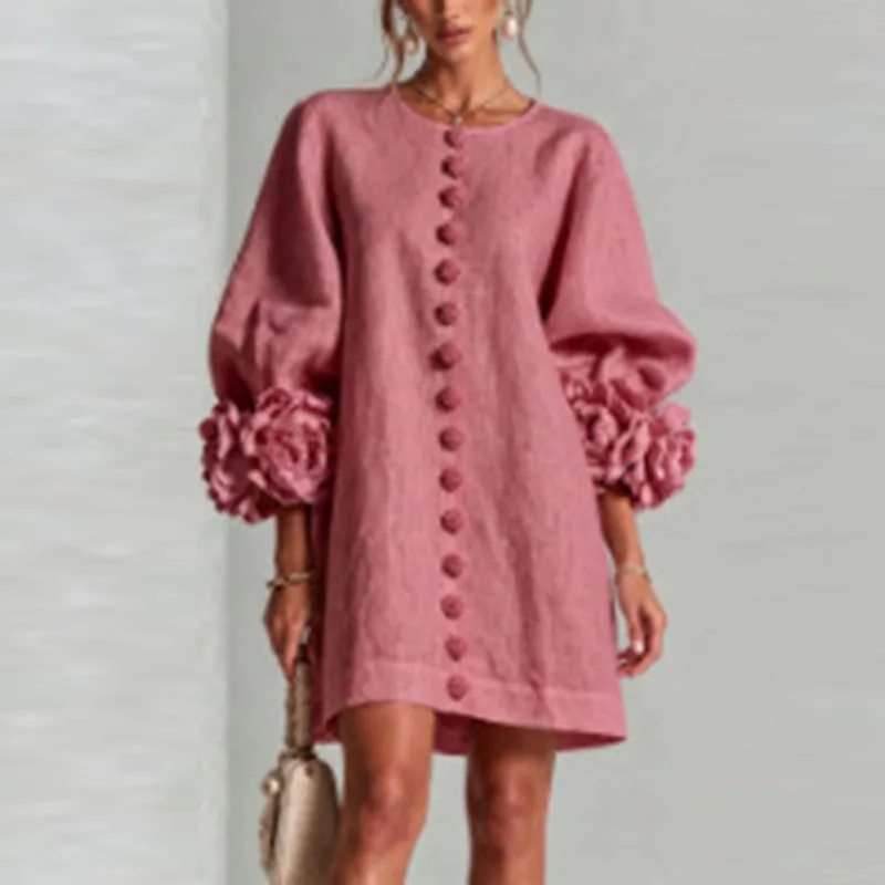 Elegant Solid Dresses Women Round Neck Lantern Sleeve 3D Flower Cuff Decorative Button Loose Short Dress Casual Streetwear Dress
