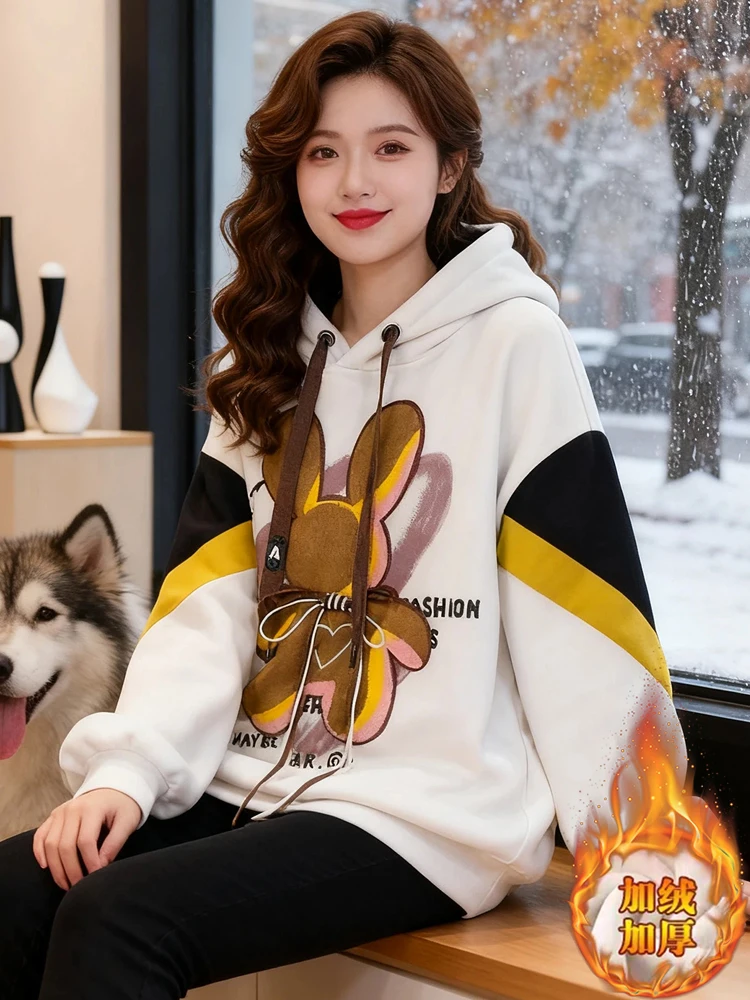 Thiened Fce Hoodie Women's Mid-Length Oversized Sweatirt Winter New Design Daily Wear Comfortable Soft Fabric Long Sve