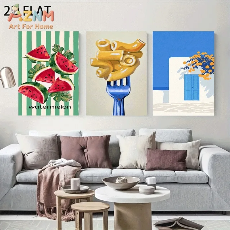 Retro Food Mediterranean Canvas Wall Art 3pcs Watermelon Pasta Fork Santorini Blue Door Unframed Canvas Print For Kitchen Living