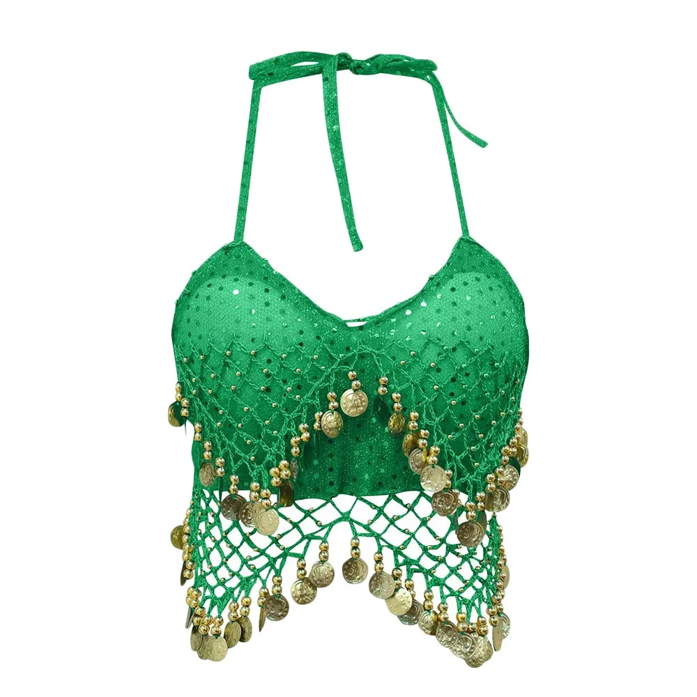 

Очаровательный блестящий бюстгальтер для танца живота с кисточками без рукавов, топ для выступлений на сцене, танцевальная одежда, укороченный топ с лямкой на шее и блестками для ночного клуба