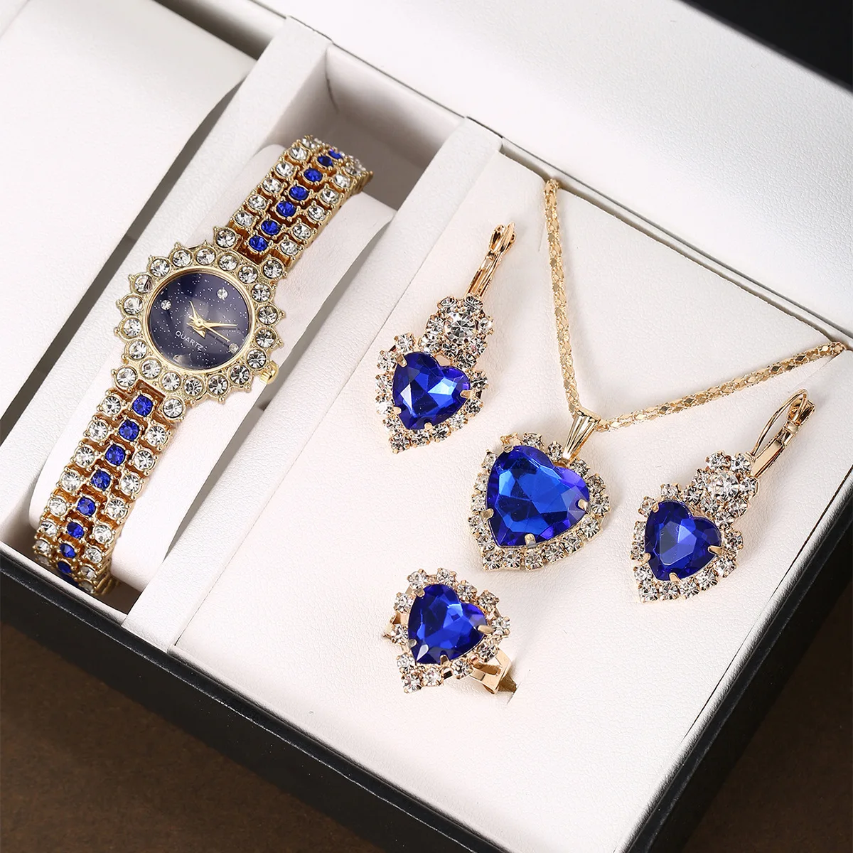 1/4pcs Set Women Watches Heart Rhinestone Ring Necklace Earring Jewelry Set Luxury Small Flowers Dial Wristwatch Jewelry Gift