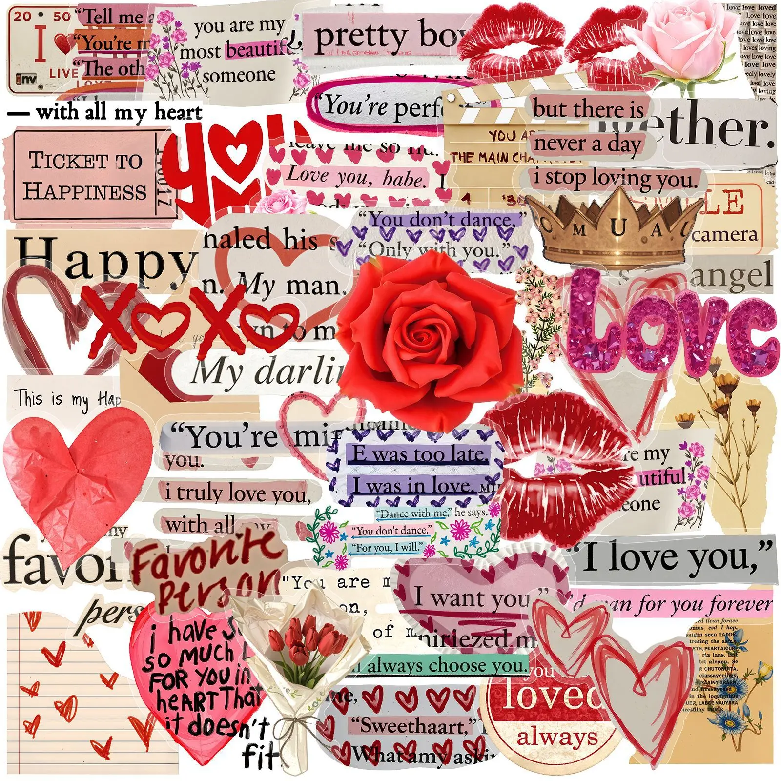 

10/50PCS Love Valentine's Day Transparent Graffiti Stickers English PET Cartoon Decal DIY Luggage Phone Guitar Fridge Party Gift