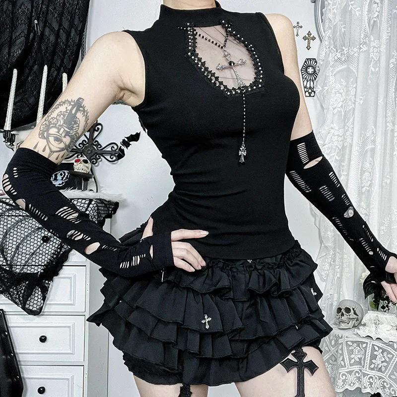 

Готические укороченные топы, черные сетчатые тонкие корсетные топы, новинка 2000-х годов в стиле панк, гранж Fairy Core, сексуальная футболка Y2K, одежда на Хэллоуин