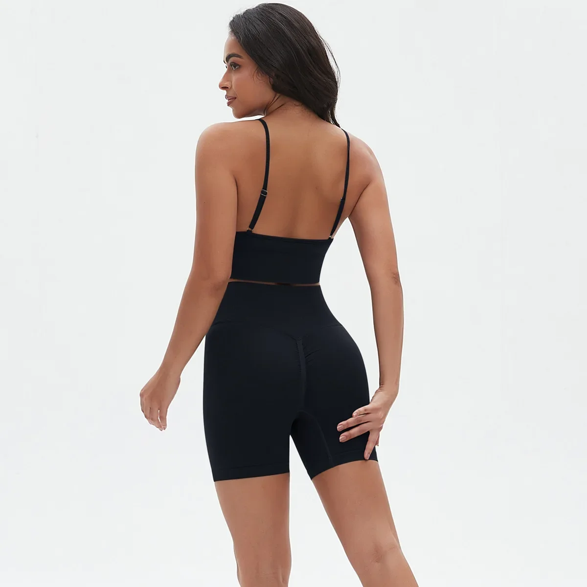 

Seamless Knitted Solid Color High Elastic Tight Sexy Yoga Suit Sling Beautiful Back Running Fitness Cycling Two-piece Suit Yoga