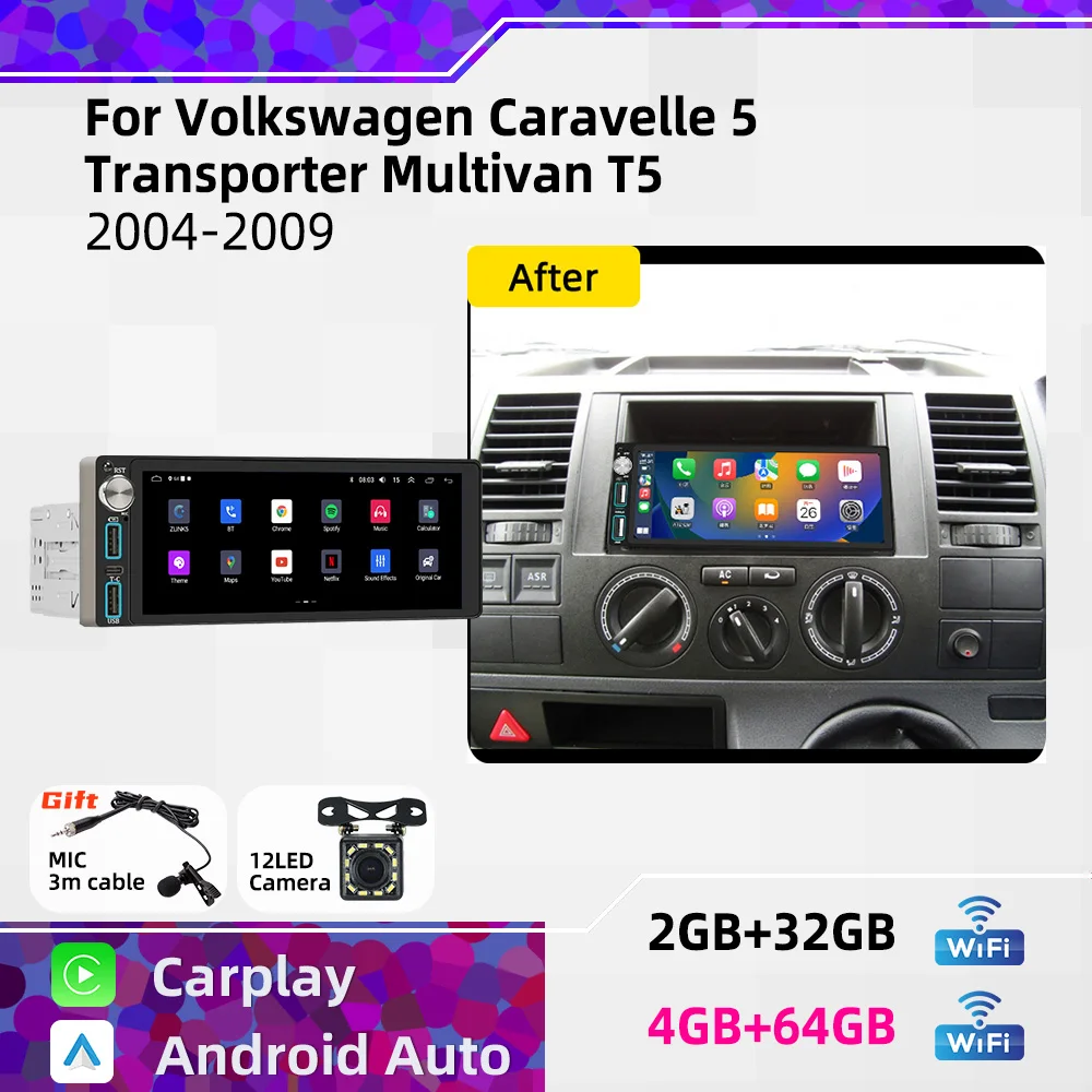 Android 1Din Car Stereo 6.86 Screen for VW Volkswagen Caravelle 5 Transporter Multivan T5 2004-2009 CarPlay GPS Multimedia Radio