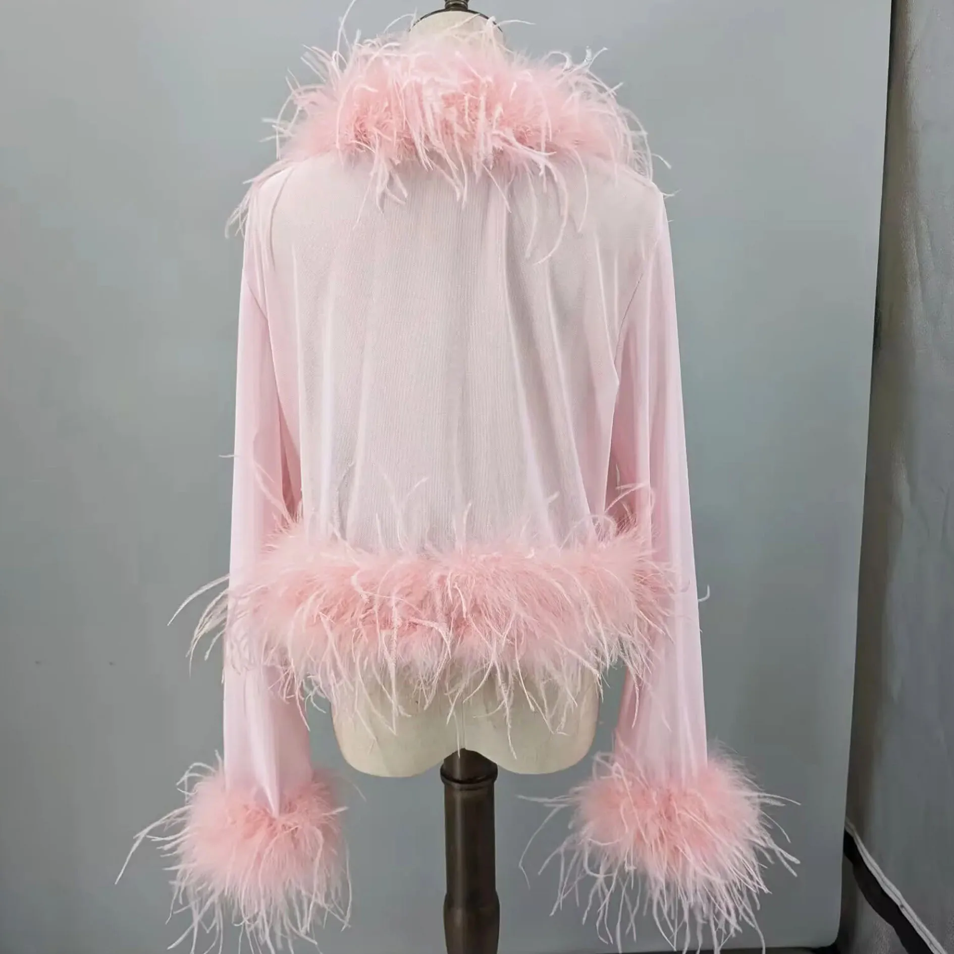 Women See-Through Top with Real Ostrich Feather Brown Black Cropped Jacket Top Bolero 240711