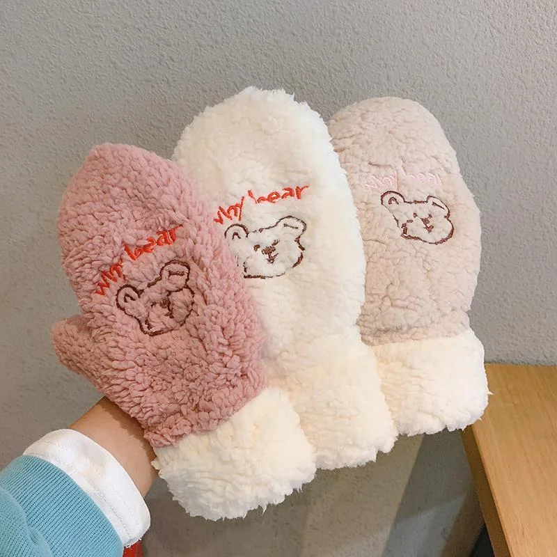 

1Pair 3Colors Winter Women's Korean Ins Bear Gloves Kawaii Cute Bear Warm Plush Pink Gloves Children Riding Gloves