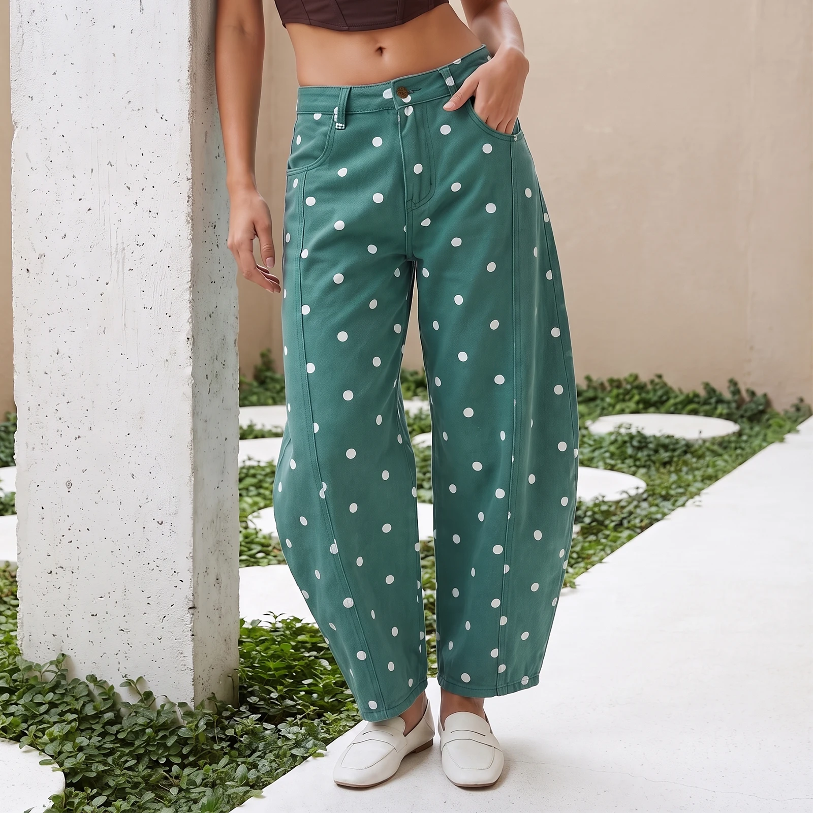Autumn Women's Polka Dot Jeans Y2K Print High Waisted Wide Leg Denim Pants Vintage Stretchy Boyfriend Jeans 90s with Pockets