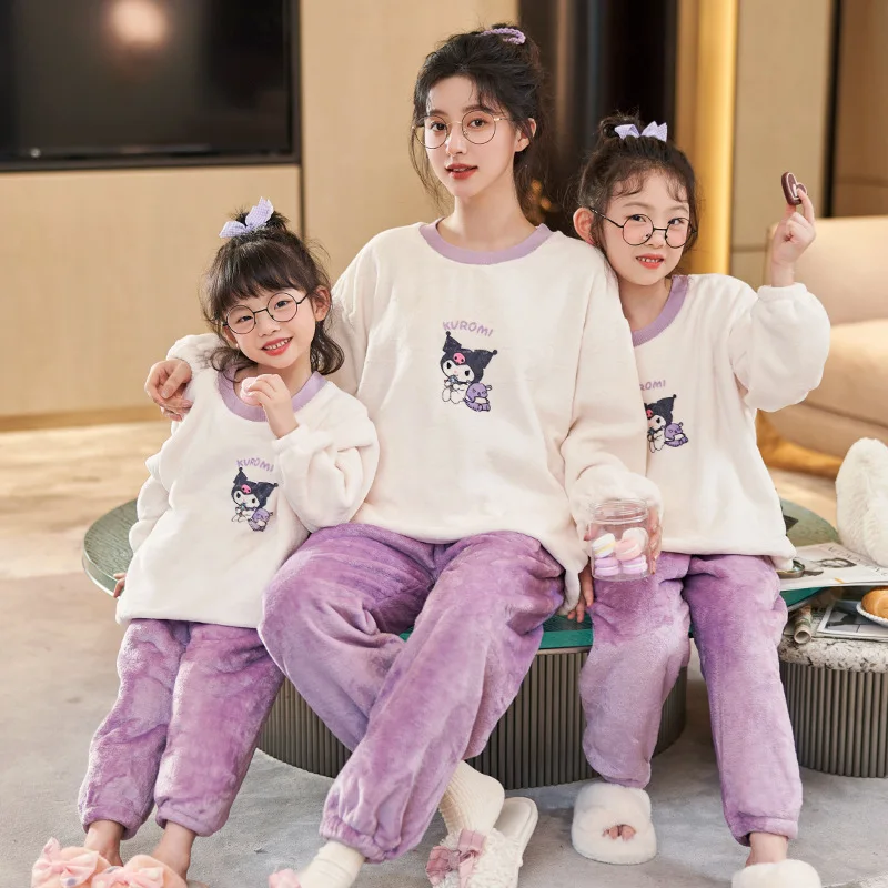 Kuromi Autumn Winter Child Pajamas Flannel Long Sleeves Pullover Sanrios Cartoon Parent-Child Boy Girl Lounge Clothes Suit