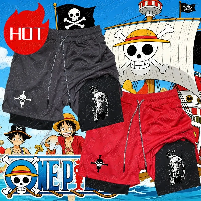 

2026 One Piece Luffy Print Shorts Man Summer Quick-drying Double-layer 2-1 Pant Clothing Cosplay Comfortable and Breathable