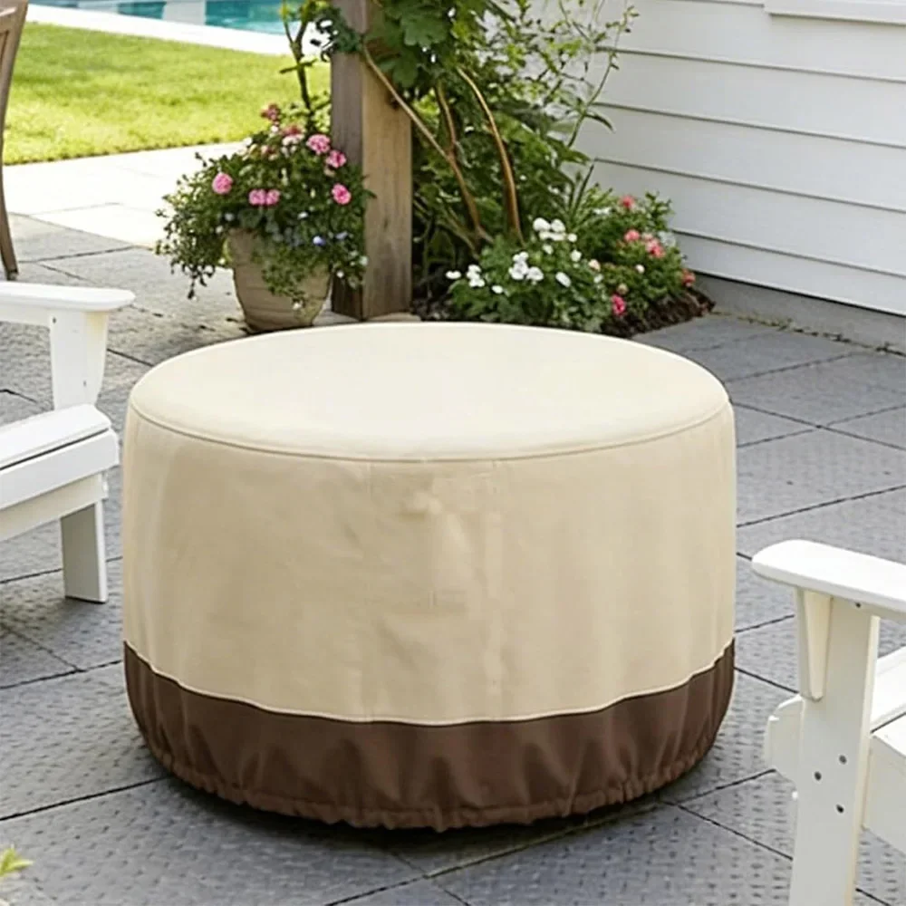 Round Waterproof Fire Pit Cover Patio Gas Fire Bowl Cover Outdoor Table Covers Weatherproof UV Resistant Furniture Cover Beige