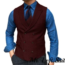 Herringbone Men's Vest Casual Double Breasted Suit Vest Lapel V Neck Wool Waistcoat Casual Formal Groomsman Jacket For Wedding