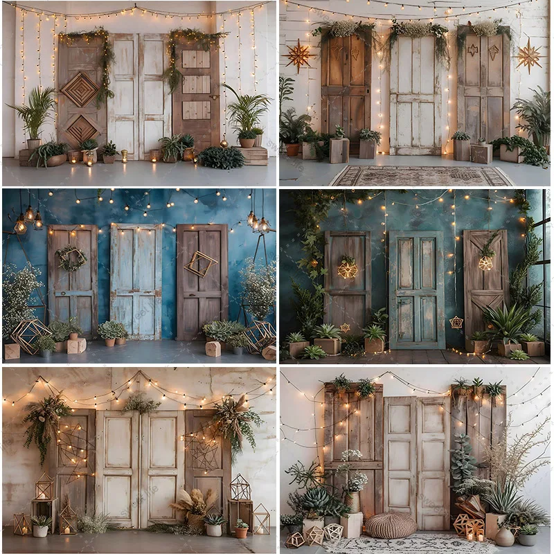 Barn ประตูการถ่ายภาพ Prop ฉากหลังพืชสีเขียวเด็กทารกวันเกิดภาพพื้นหลัง