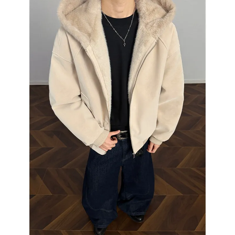 

Men's Winter Thiened Warm Cotton Jaet Hooded Inteated Leather Fur Coat Loose Fit Casual Sle Polyester Fiber Zipper Cl...