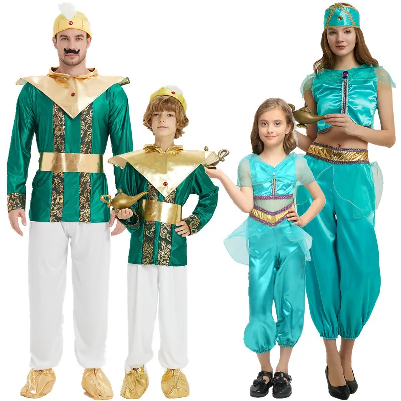 Jasmine Princess Performance Party Costumes Muslim Dubai Sheikh Parent Child Arab Green Prince Role Playing Costumes Makeup Ball