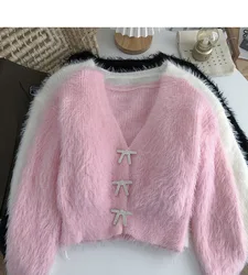 Mink Cashmere Sweet Cropped Cardigan Pink Sweaters for Women 2024 V Neck Slim Bow Knitted Jacket Sueter Tops Autumn Korean