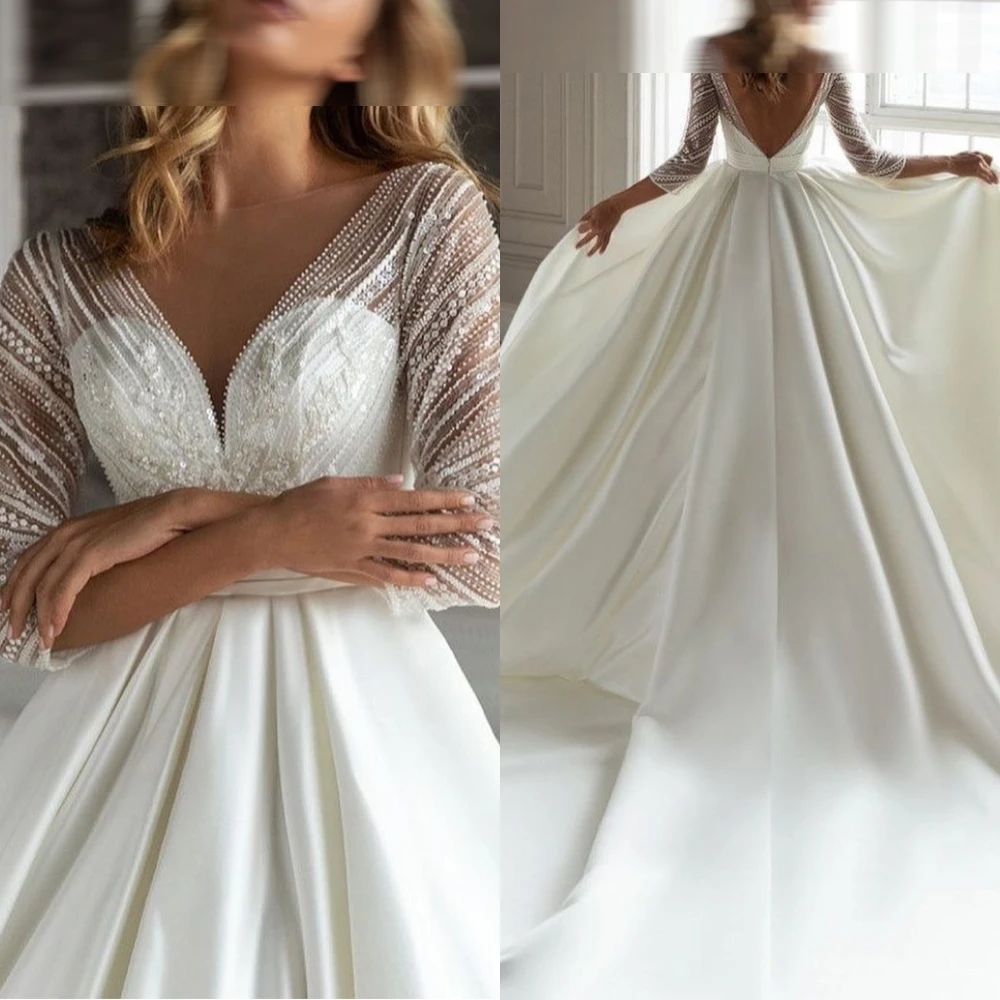 カスタマイズされた絶妙なウェディングドレス高級ホワイトサテンセクシーなVネックファッションブライダルパーティークラシックAライン繊細なブライダルドレス