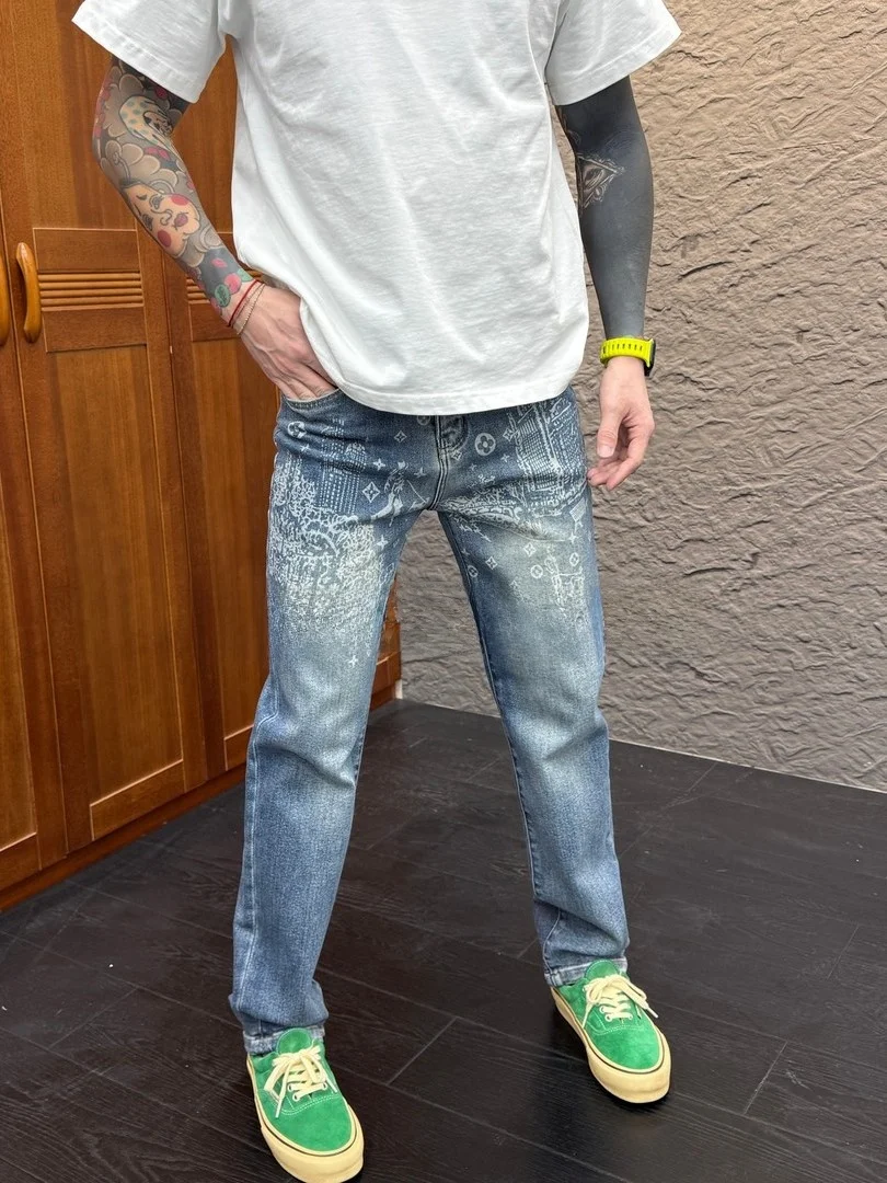 

Retro Print Men's Jeans Straight Leg Slim Fit Casual Blue Long Trousers Faionable Waed Patchwork mid Waist Zipper Fly