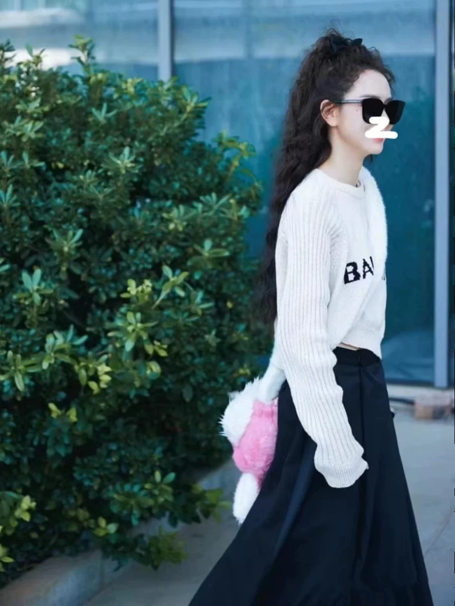 White Letter Print Long Knitted Sweater Overhead Style Female Clothes EXJR Brand High Waist A-Line Skirt Korean Style