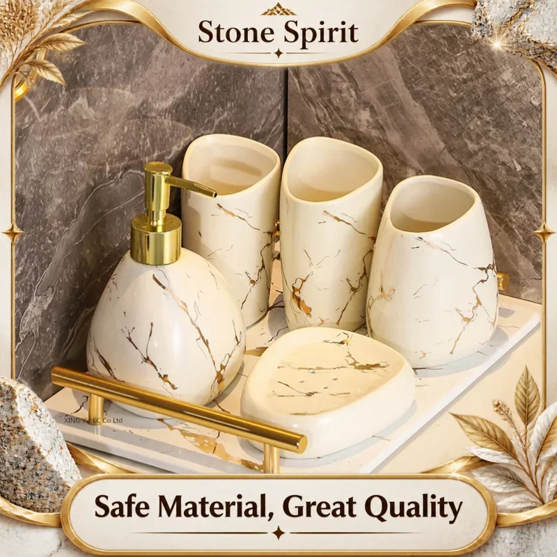 Bathroom Accessories Set Ceramic  Toothpaste Dispenser  Bathroom Cup  Toothbrush Holder Soap Dish Nordic Platinum Marble Texture