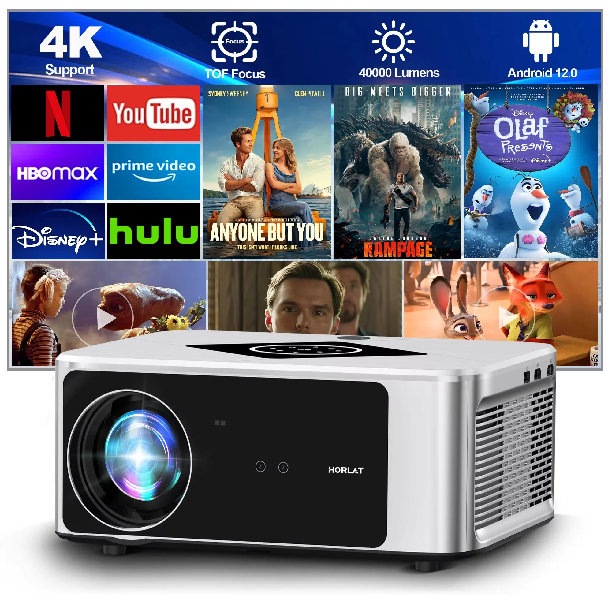 Projektor HORLAT 2000 Ansi Lumenów Full HD 1080P 4K Video Auto Focus & Keystone Kino Domowe 5G WiFi Przenośny Projektor TV na Boże Narodzenie