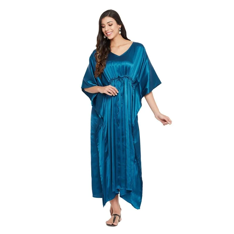 Indian Satin Silk Women's Long and Long Kimono Formal Dress with Multiple Sizes of Blue-green