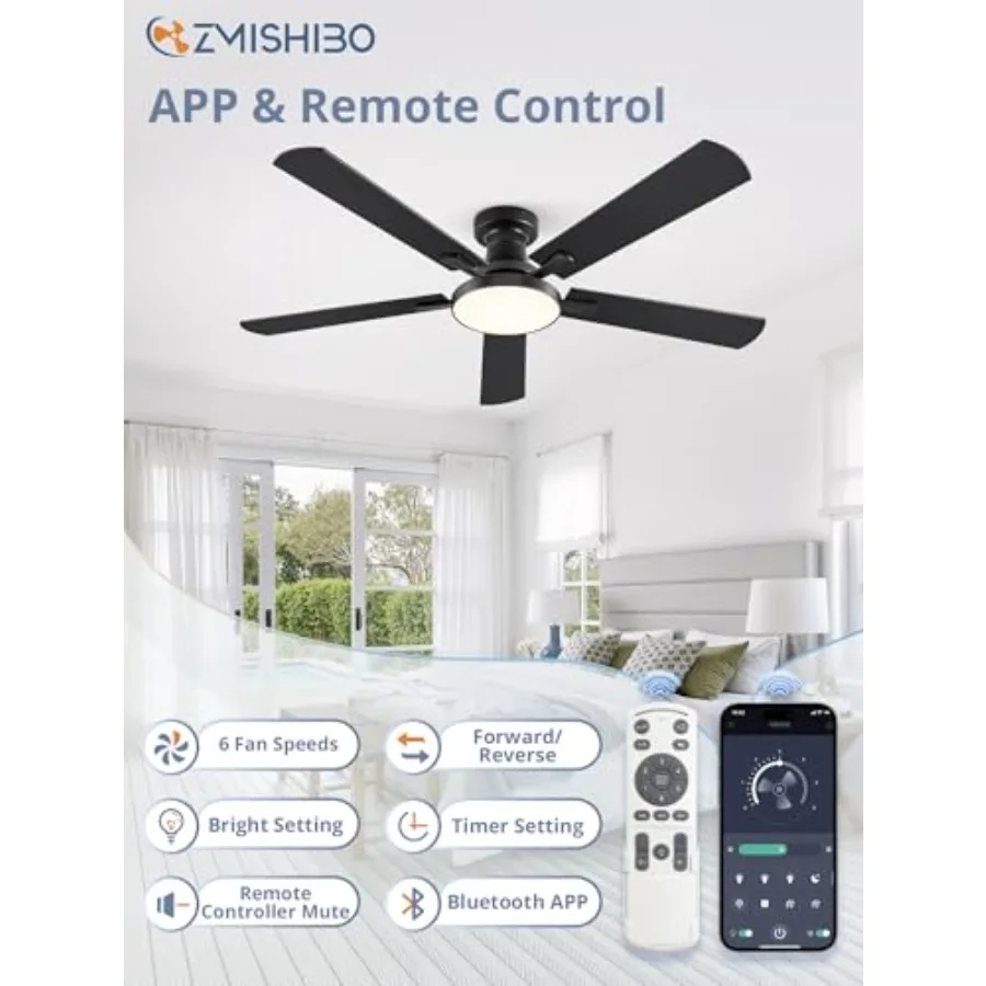52 Inch Ceiling Fans with Lights for Living Room Bedroom, Black Flush Mount Low Profile Fan with DC Motor, 6 Speeds, 3CCT Dimma