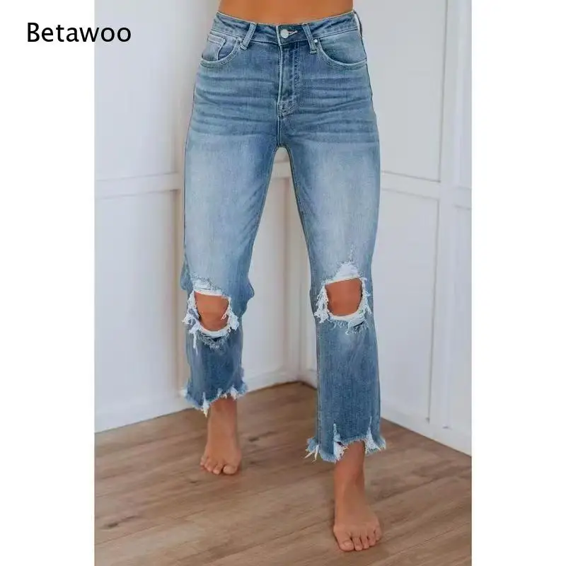 Mid Rise Ripped Cropped Straight Jeans Frayed Ankle Hem Soft Washed Denim for Daily Casual Street Styling