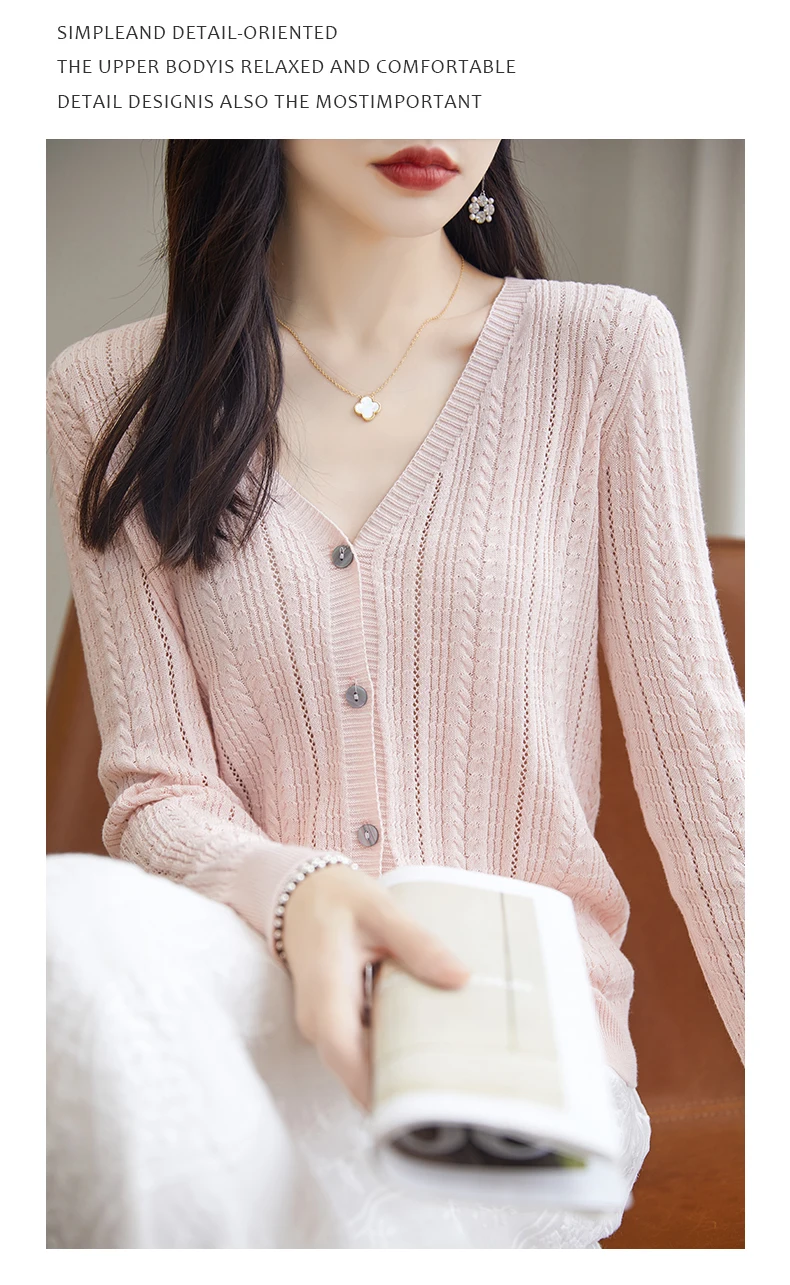 100% Cotton Spring/Summer Hollow v Neck Long Sleeved Sun Proof Air-Conditioned Shirt, Comfortable Fashionable Cardigan