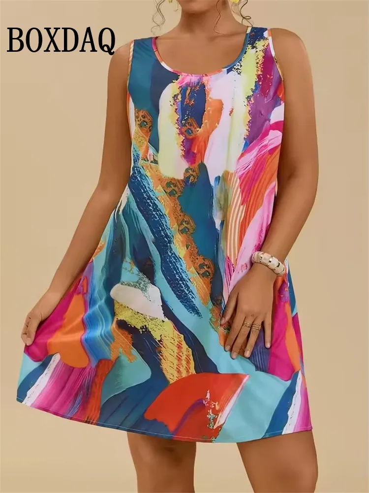 

Женское платье с принтом граффити для лета, модная повседневная свободная одежда без рукавов с абстрактной живописью, женская одежда больших размеров