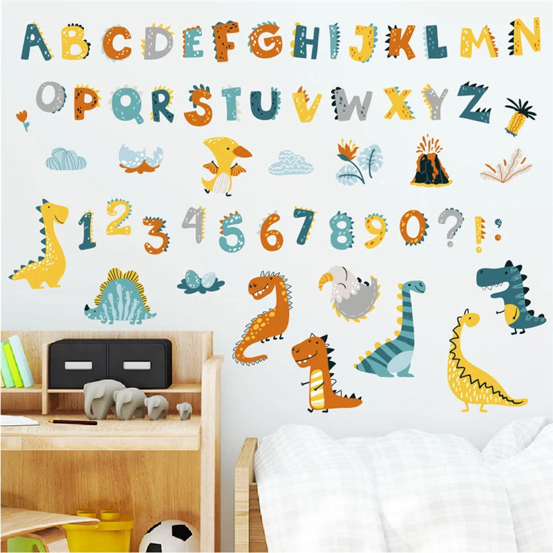 Cartoon Dinosaurs English Letters Numbers Wall Stickers For Home Decor Animal Mural Art Alphabet Nursery Poster Kids Decals