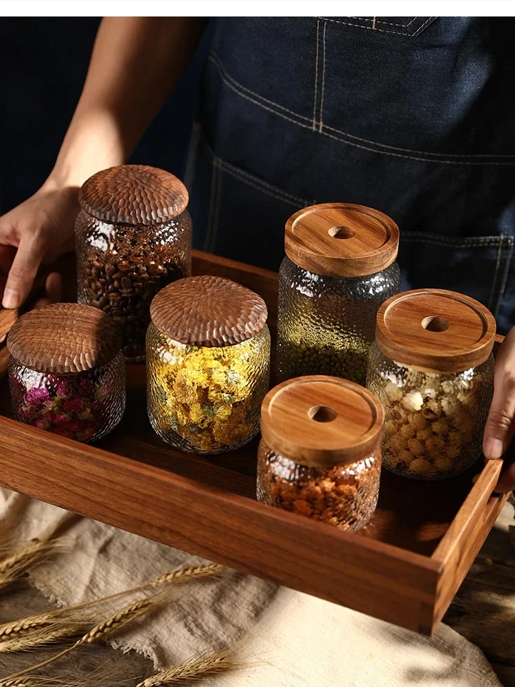 Acacia wooden lid glass multigrain storage bottle household strong sealed can tea jars