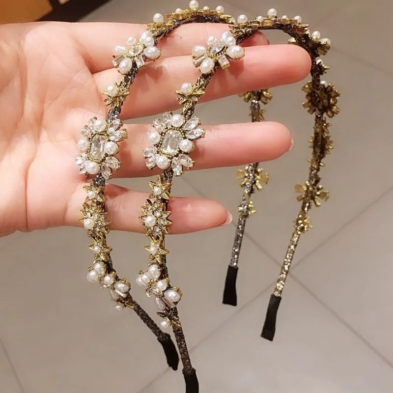 Korean Fashion Palace Pearl Flash Drill Hairband with Luxury Baroque Style for Women Rhinestone Crystal Hair Clips Accessories