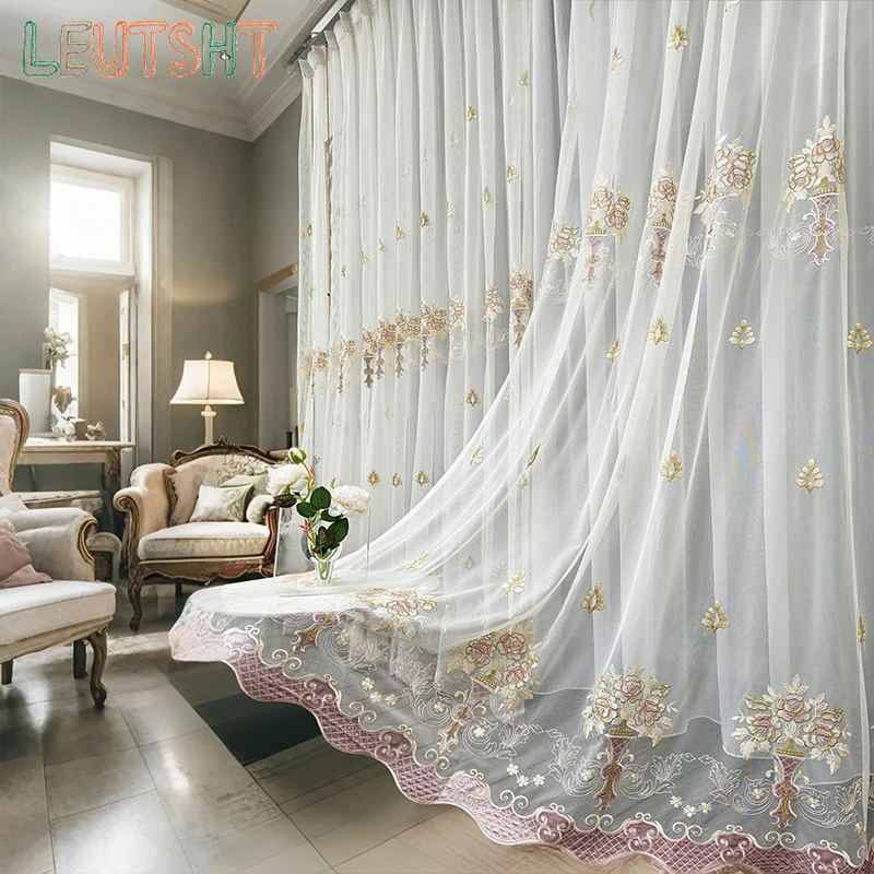 High-end American Style Embroidered Tulle Curtain American Bedroom Living Room Curtains Door Screen Shutter Home Decor