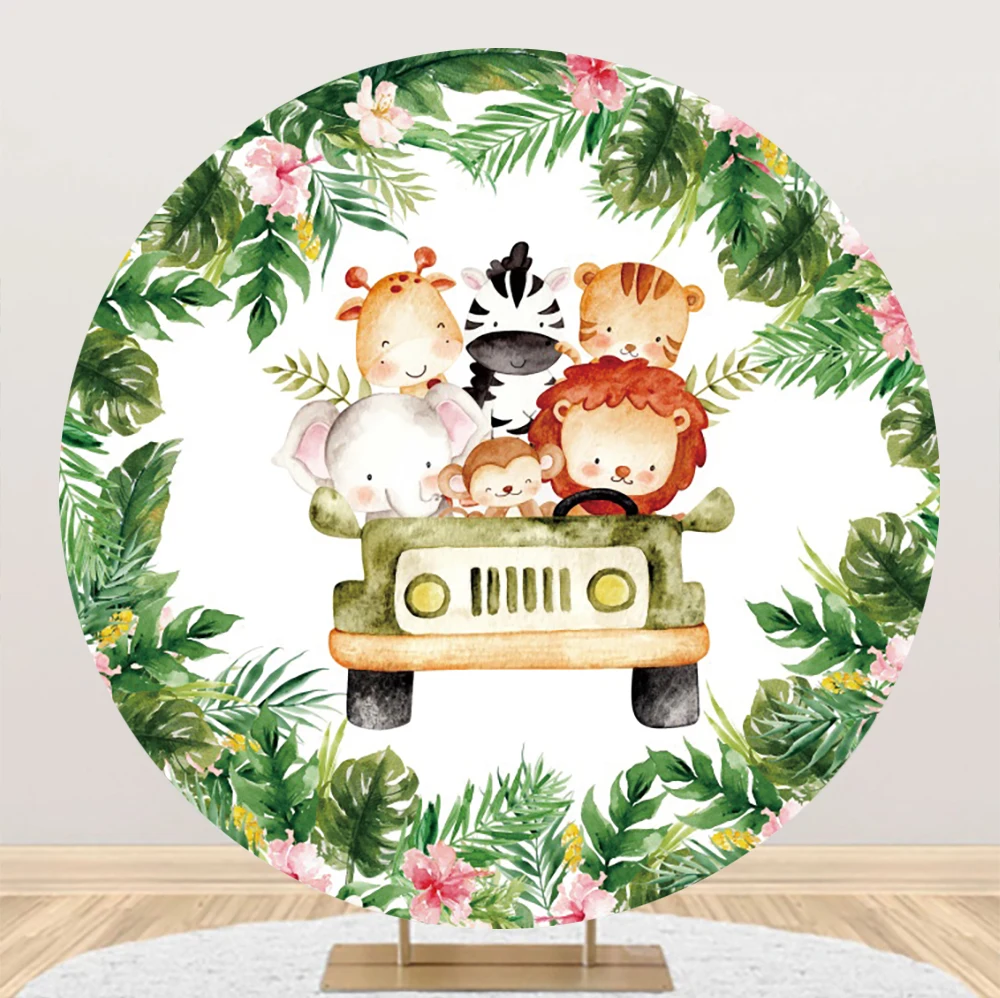 Laeacco Safari Birthday Round Background Tropical Jungle Animals Baby Shower Newborn Portrait Customized Photography Backdrop