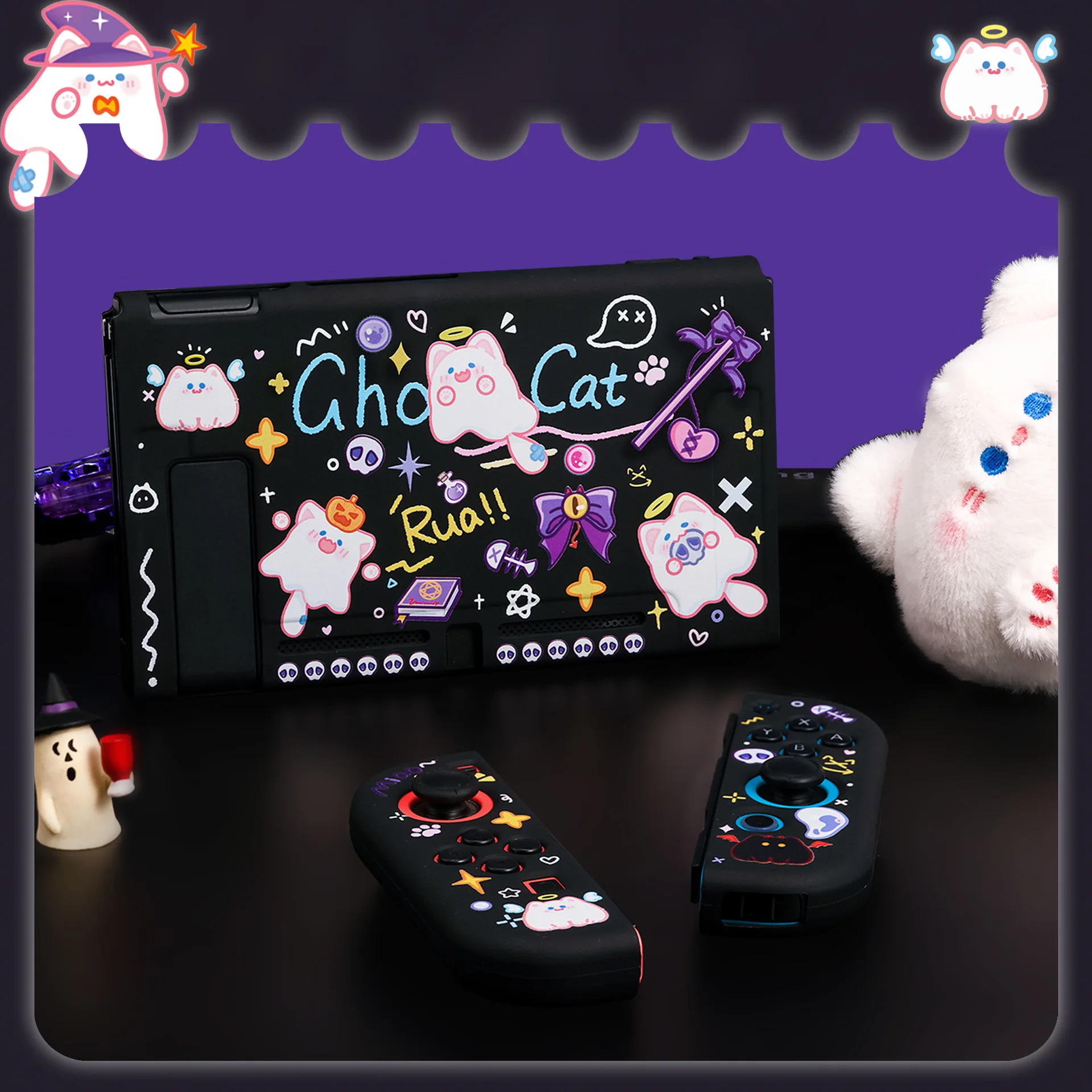 Cute Ghost Cat Hard TV Dock Cover Stand Charger Crystal Shell for Nintendo Switch Oled NS Joy-Con Controller TPU Protector Case