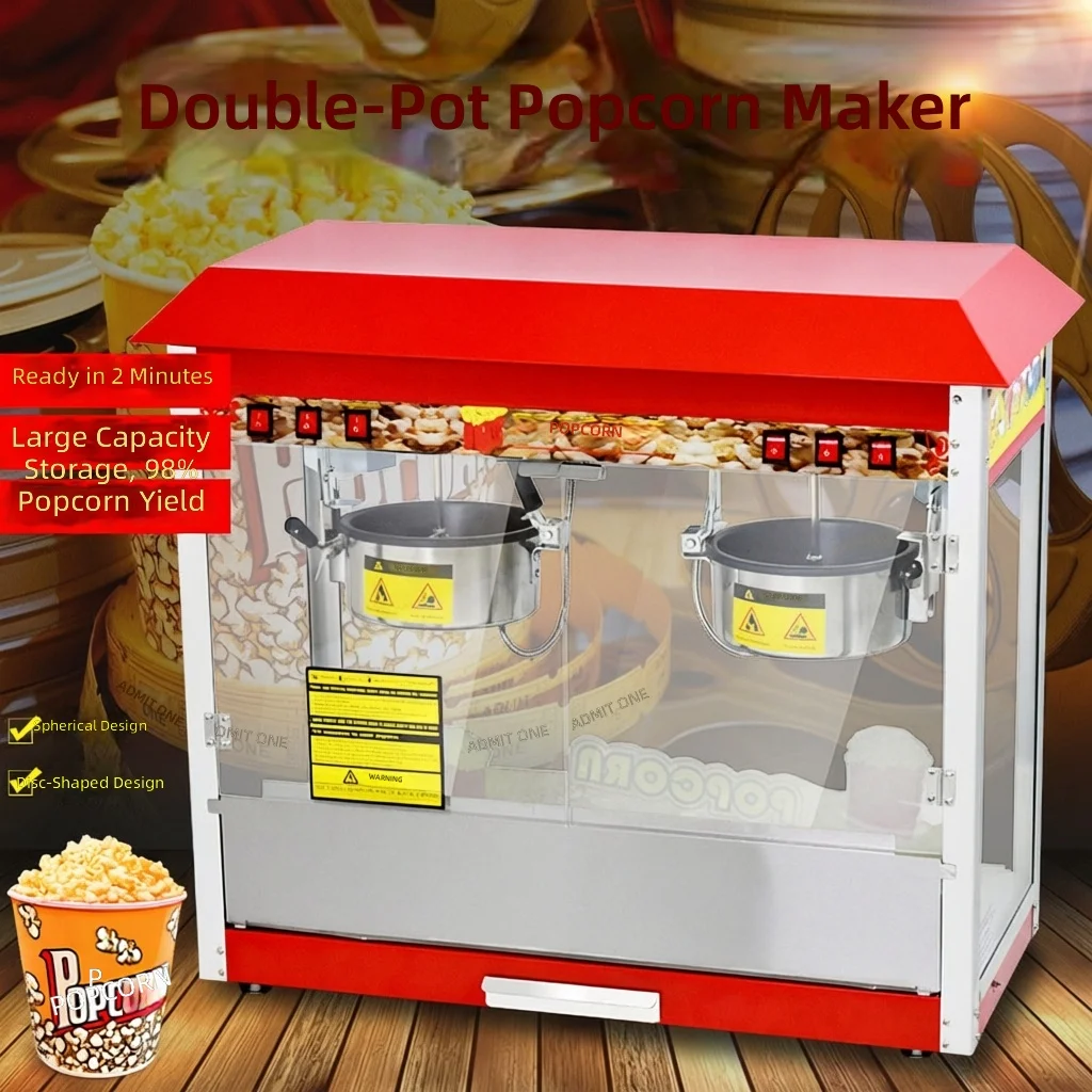 Popcorn Machine, Commercial Electric Butterfly Dual Pot Popper, Tabletop Puffing Machine, Electric Heating, Roof Top Snack Maker