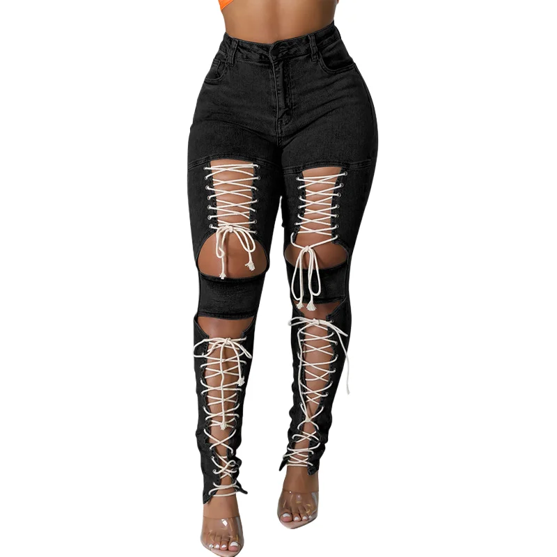 

Street Personality Corns Rope Sexy High-wasit Jeans. Ladies Summer Fashion Comfortable Casual Washed Denim Small Leg Pants Wome