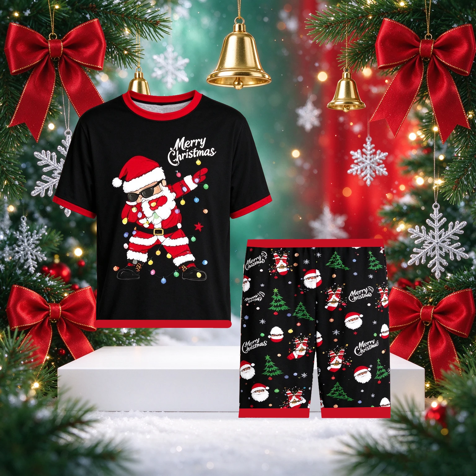 2026 Short Sleeved Top Shorts Two-piece Set Home Santa Claus 3D Printed Holiday Christmas Gift Family Parent-child Outfit