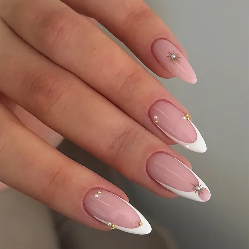 

24Pcs Mid-length French Almond False Nails with Pearl Rhinestone Design Press on Nails Art Detachable Full Cover Fake Nails Tips