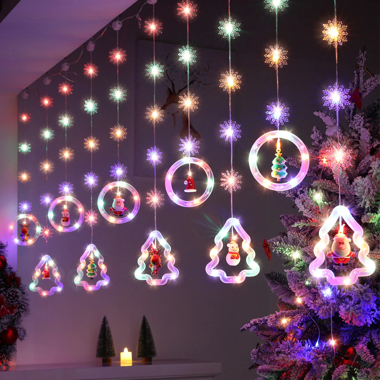 Christmas Light Christmas Window Lights Indoor 3M 100 LED 8 Modes Christmas Star Curtain Lights Battery Hanging Lights with Sant