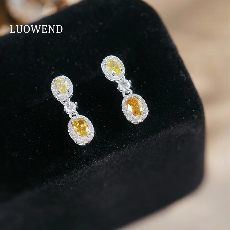 LUOWEND 100% 18K White Gold Earrings Real Natural Yellow Diamond Stud Earrings Fashion Design High Wedding Jewelry for Women