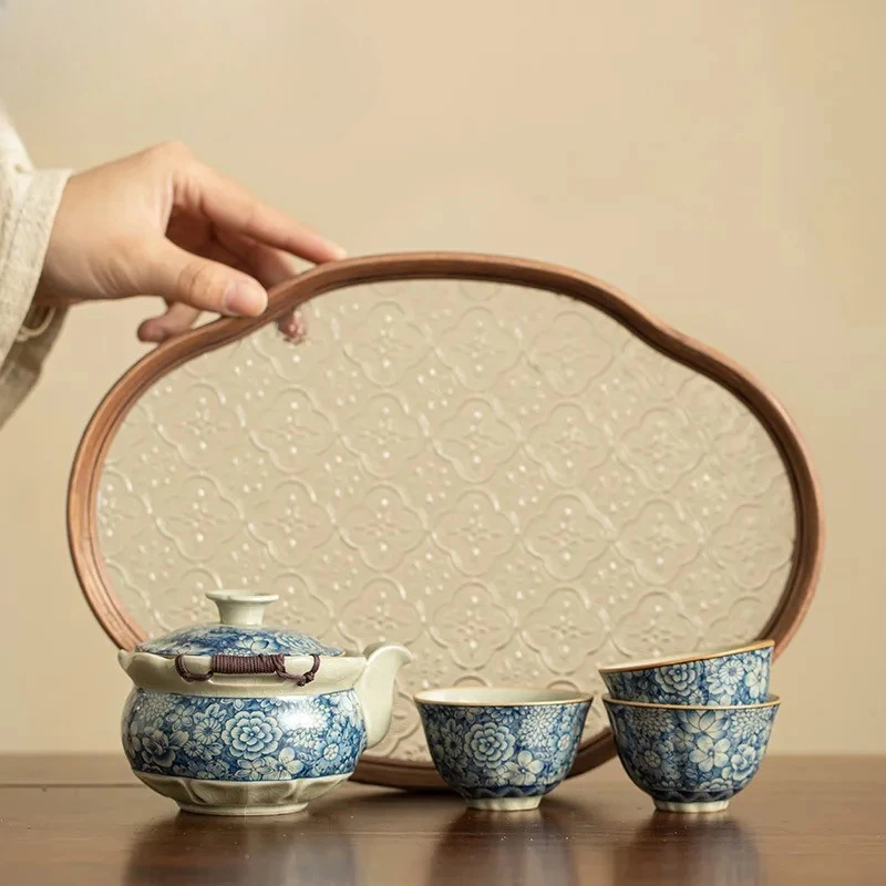 

Boutique Ru Kiln Hand-grasp Pot Creative Flowers Tea Set Kit With Begonia Plate Retro Tea Ceremony Set Pot And Cu Teaset Crafts